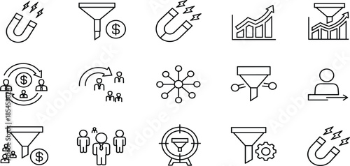 Marketing icon set, lead generation vector, sales funnel symbols, business growth chart, customer attraction magnet, money conversion, digital strategy, lineart.