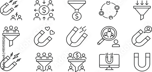 Marketing icon set, lead generation vector, sales funnel symbols, business strategy outline, customer attraction magnet, money conversion, digital campaign, lineart.
