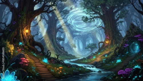 Mystical Fantasy Forest with Ancient Glowing Trees, Bioluminescent Plants, Winding River, and Ethereal Light Path