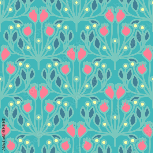 Art Nouveau Seamless Floral Pattern with Yellow Flowers on Blue Background Botanical Folk Art Vector