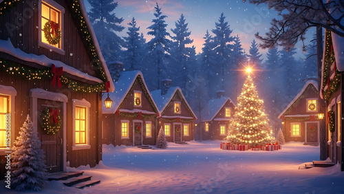 Festive Christmas Winter Background with Snowy Village and Lights