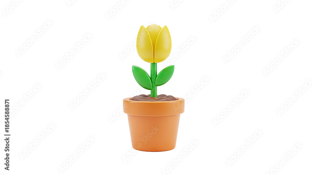 Fototapeta premium 3D Yellow tulip in a pot, 3d render on transparent background