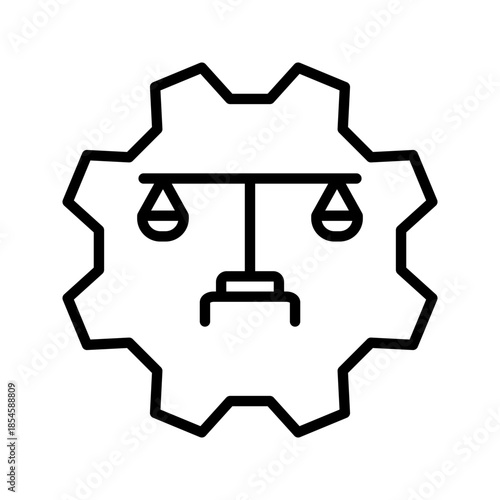 Justice Balance Gear Line Icon Line icon of a balance scale integrated with a gear shape, symbolizing justice system, law process, regulation, or legal mechanism.