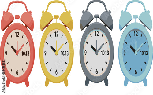 Set of Colorful Vintage Alarm Clocks in Red Yellow Grey and Blue for Time Management and Morning Routine Concept Vector.