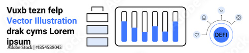 Battery diagram, data bar graph, network symbols, focus on DEFI. Ideal for financial technology, blockchain, renewable energy, data analysis, innovation network economy simple landing page