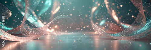 Elegant Glowing Pink & Teal Abstract Ribbons with Sparkling Bokeh Light Effects on Shiny Floor