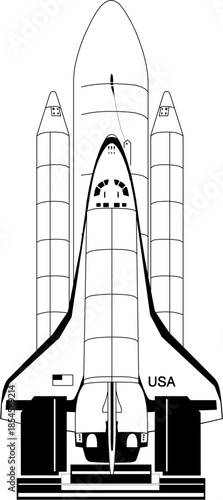 Vector illustration of Space Shuttle system on launch pad, front view,