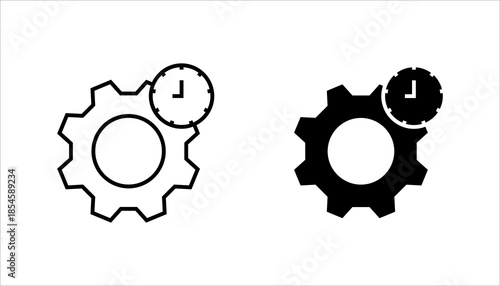Settings Gear with Clock Line Icon set. Outline icon of a gear combined with a clock symbol, representing time management, scheduled settings, system optimization, 