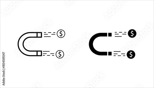 Money Magnet Line Icon set.
  Minimal outline icon of a magnet attracting money symbols, representing financial attraction, investment, profit, or revenue growth concept.