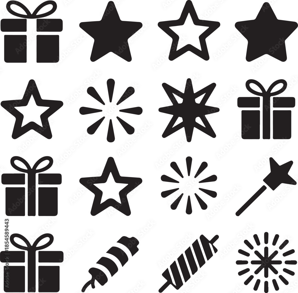 Fototapeta premium New year celebration icons with clock calendar fireworks and party popper,New year celebration icons and symbols silhouette collection