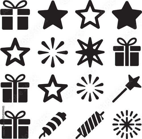 New year celebration icons with clock calendar fireworks and party popper,New year celebration icons and symbols silhouette collection