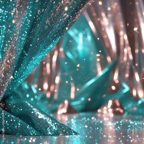 Glittering Teal Fabric Curtain with Sparkling Bokeh and Rose‑Gold Accents