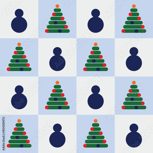 Christmas art features a simple flat seamless pattern of trees and people in a natal scene.