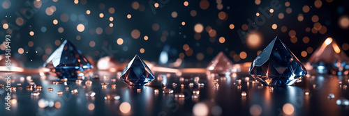 Glittering Blue Crystal Pyramids on Dark Reflective Surface with Bokeh Background