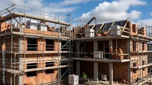 Scaffolding surrounds unfinished brick building, revealing construction process with exposed floors and open window spaces under clear sky.