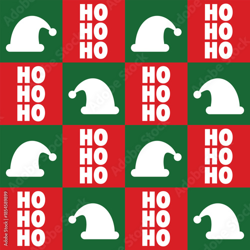 Christmas art featuring a simple, flat, seamless pattern of Santa hats and 'HO HO HO' text