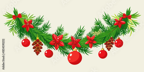 Festive Christmas Garland Illustration with Evergreen Branches, Red Ornaments, Poinsettia Flowers, and Pine Cones, Perfect Holiday Decoration Element