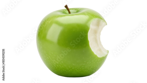 Billede på lærred Green Granny Smith apple with a bite taken out isolated PNG, fresh fruit on tran