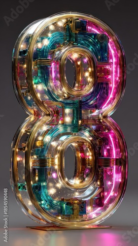 Luminous Neon Number Eight Sculpture With Glassy, Colorful Inner Wiring and Bright LED Lights — Ultra Detailed 3D Sign for Modern Decor and Display