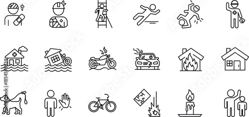 Set of line icons depicting accidents, insurance claims, injury, flood, fire, car crash, risk, safety, danger, warning, and emergency protection.