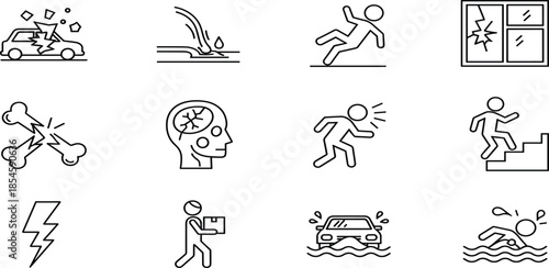 Accident and injury line icons set featuring car crash, broken bone, flooding, lightning, drowning, slip, fall, insurance claim vector symbols.
