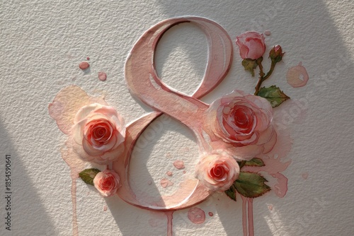 Pink Watercolor Eight With Roses: Elegant Symbol Of Love, Growth, And Women’s Empowerment For International Women’s Day And Celebration Campaigns