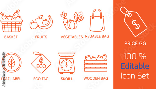 Organic market food line icon set of 9, basket, fruits, vegetables, leaf label, eco tag, scale, reusable bag, wooden crate, price tag, outline vector