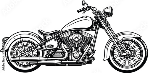 Classic motorcycle vector illustration, black and white chopper bike, vintage transport sketch, isolated engine design, custom cruiser drawing, retro ride.