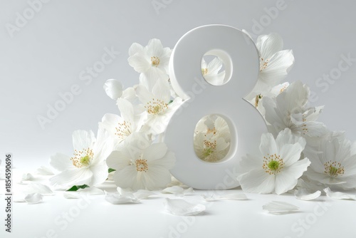 Elegant White 3D Number Eight Surrounded by Spring Flowers — Clean Minimal Decor for Celebration, Peaceful Mood, and Modern Floral Art