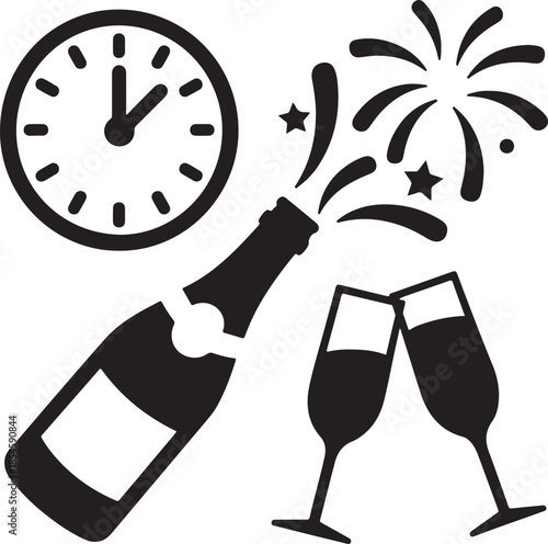 New year celebration icons with clock calendar fireworks and party popper