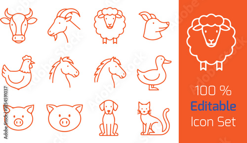 Farm animal line icons set of 9, cow, goat, sheep, horse, chicken, duck, pig, dog, cat, clean outline style, white background vector.