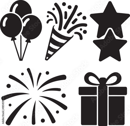 Collection of new year celebration icons in a graphic silhouette style