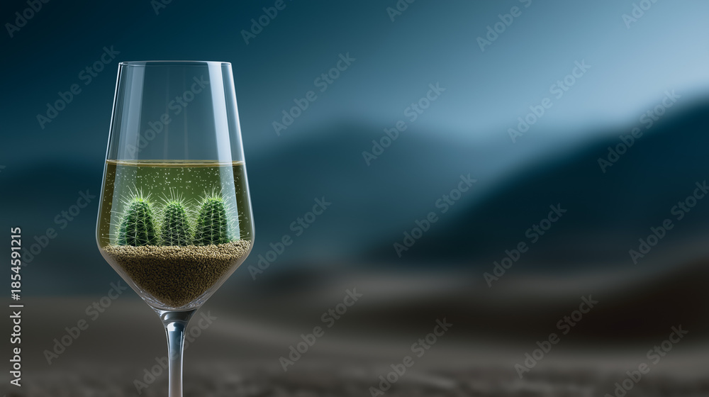 Obraz premium A whimsical still life, a wine glass filled with a desert landscape, complete with miniature cactus and sand, set against a blurred background of dunes and a dusky sky.