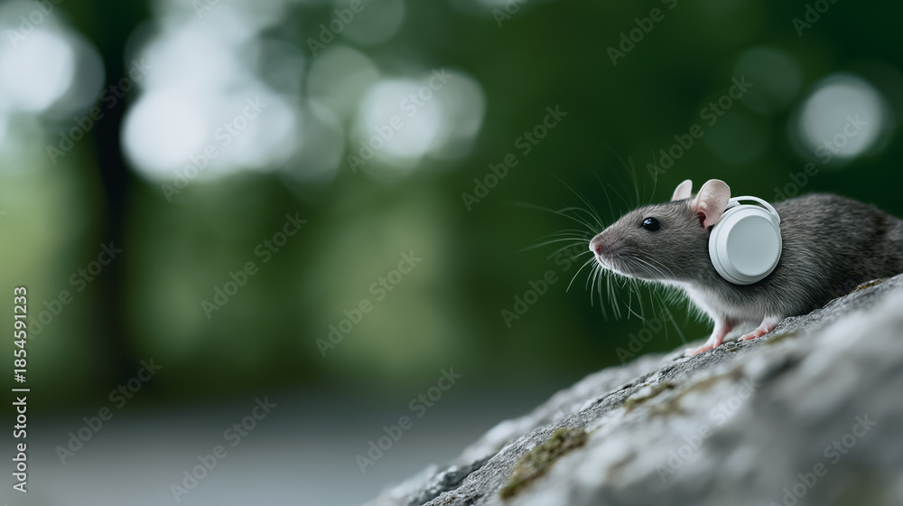 Fototapeta premium A small mouse wearing white headphones on a mossy rock