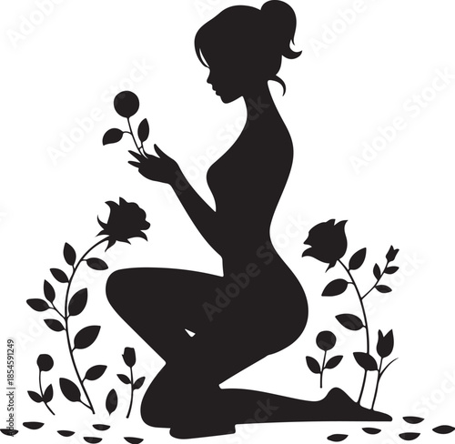 Black silhouette of a woman kneeling with roses flower