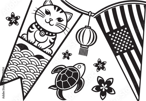 Cultural Fusion Illustration with Japanese Cat, Lantern, Turtle, Flowers, and American Flag Elements
