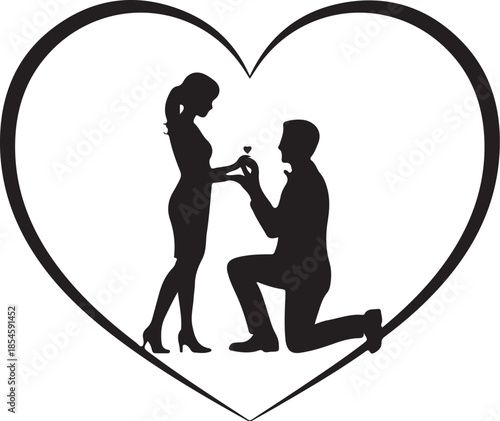 Black silhouette of man proposing to woman inside heart