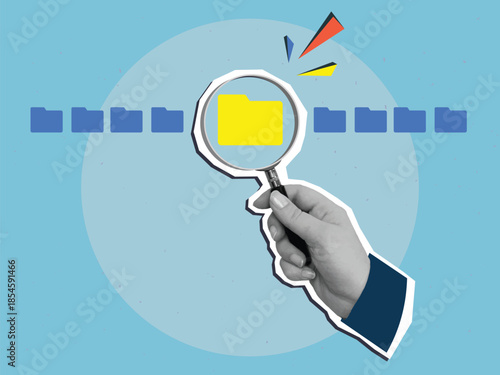 A person looks through a magnifying glass at one folder from a row. Modern collage style. Vector illustration