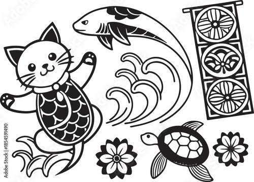 Japanese Cultural Illustration Featuring Koi Cat, Turtle, Waves, Flowers, and Traditional Banner Elements