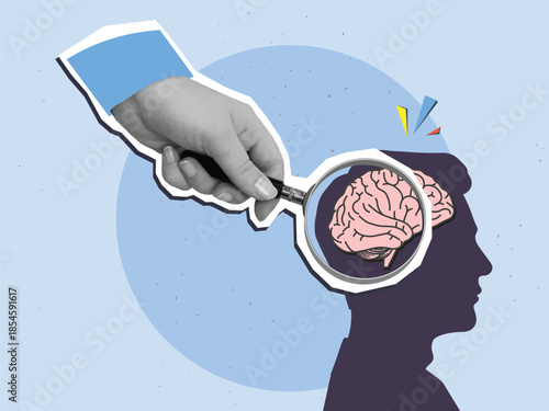 A person look through magnifying glass at brain in a male head. Modern collage style. Vector illustration