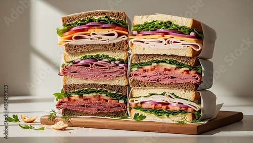 Multiple sandwiches arranged for party catering, overhead view, soft lighting, realistic food photography, commercial stock image