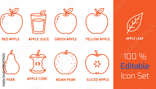 Apple and pear variety line icons set of 9, red apple, green apple, yellow apple, pear, asian pear, sliced apple, apple core, apple leaf, apple juice, outline vector