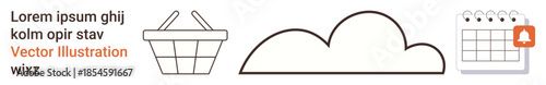Data storage, online shopping, event planning, digital reminders, e-commerce, technology. Minimal icons showing a basket, cloud and calendar. Online shopping and data storage concepts