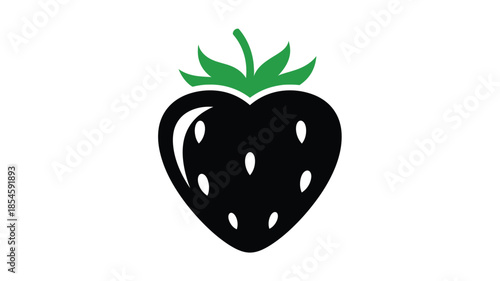 A black strawberry with green leaves displayed as a striking silhouette
