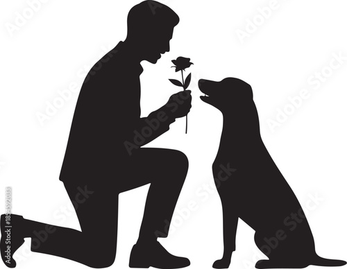 Man kneeling offering rose to dog silhouette vector