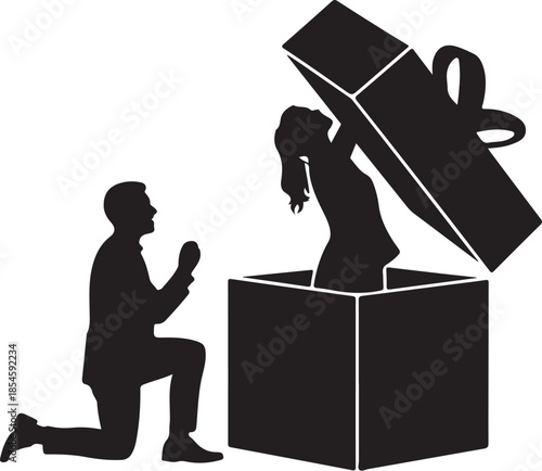 Man kneeling proposing to woman emerging from gift box silhouette