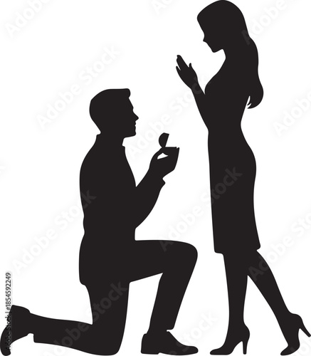 Man kneeling proposing to woman holding ring box silhouette