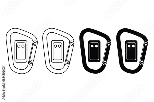 Set of four climbing carabiner icons showing outline and solid black variations for gear design