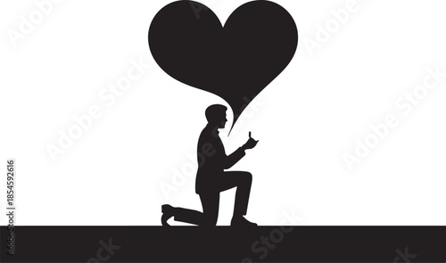 Man kneeling proposing with heart speech bubble proposal
