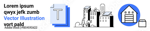 Renewable energy, eco-living, sustainable housing, city planning, green technology, urban development. Solar-powered buildings and sustainable housing icons in a modern design. Renewable energy